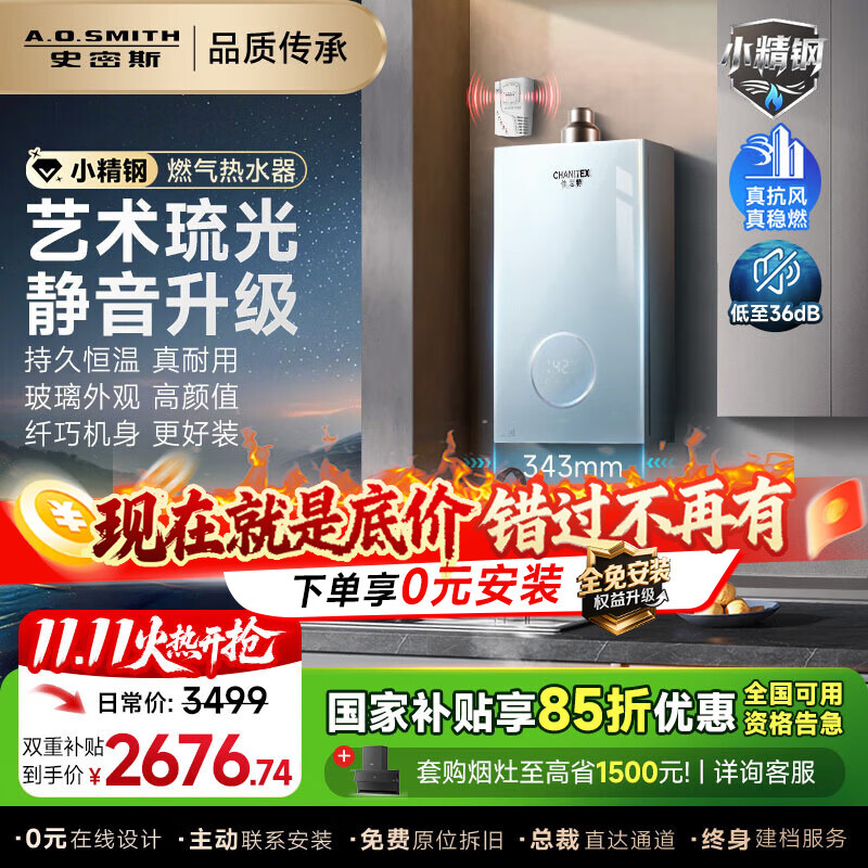 史密斯（A.O.SMITH）【小精钢TCS5】佳尼特16升静音燃气热水器 国家补贴 持久恒温 小体积玻璃面板 安全守护 16L
