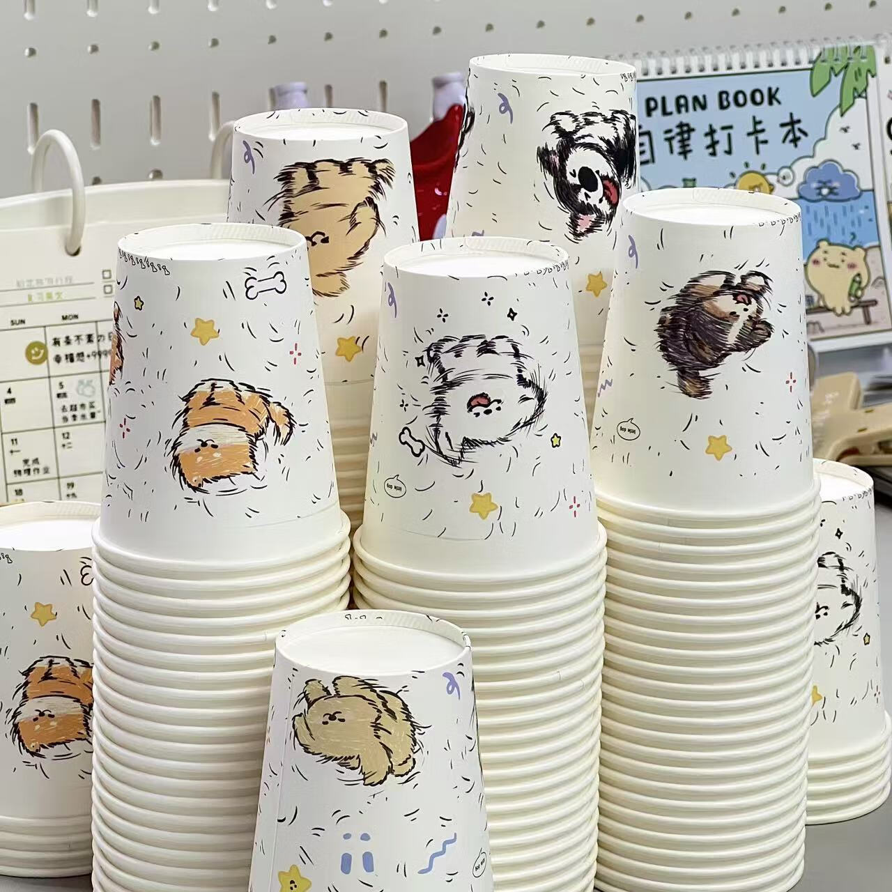 咏幻新款潦草小狗一次性纸杯加厚家用卡通可爱图案水杯加厚加硬纸杯