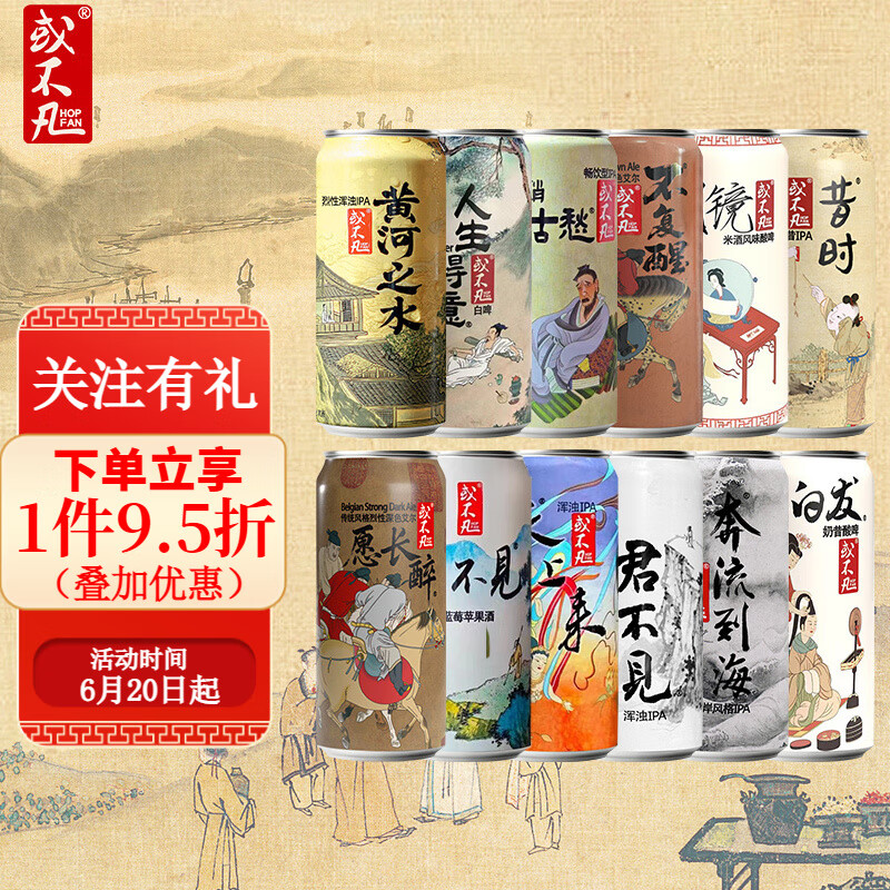 或不凡 国产精酿啤酒 浆进酒连字组合 黄河之水浑浊IPA 果泥 酸啤酒 12口味混搭款 500mL 12罐 组合装