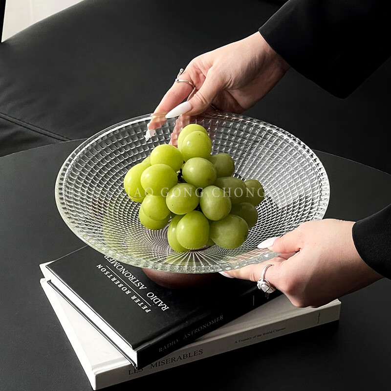 WCZ德国水果盘高档轻奢玻璃客厅高级茶几干果盘家用前台糖果盘子坚果 黑脚-格纹水果盘【2只装】