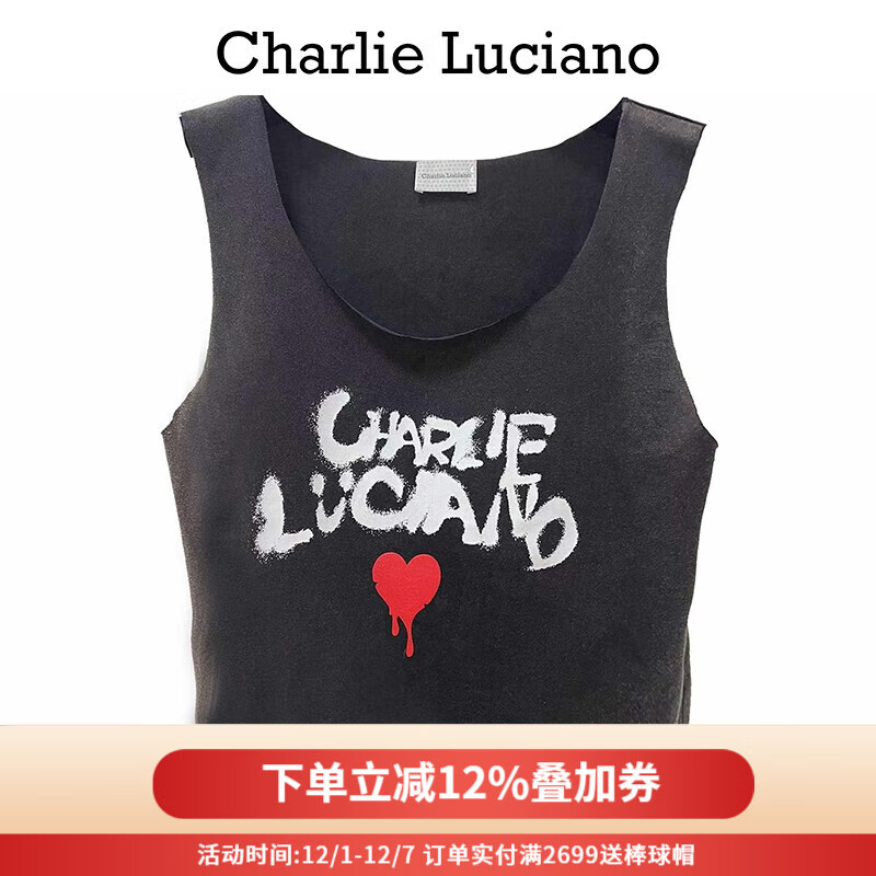 Charlie Luciano【譚松韻同款】涂鴉愛心背心女夏季新款露臍圓領(lǐng)潮牌國潮CL上衣女 黑色 L