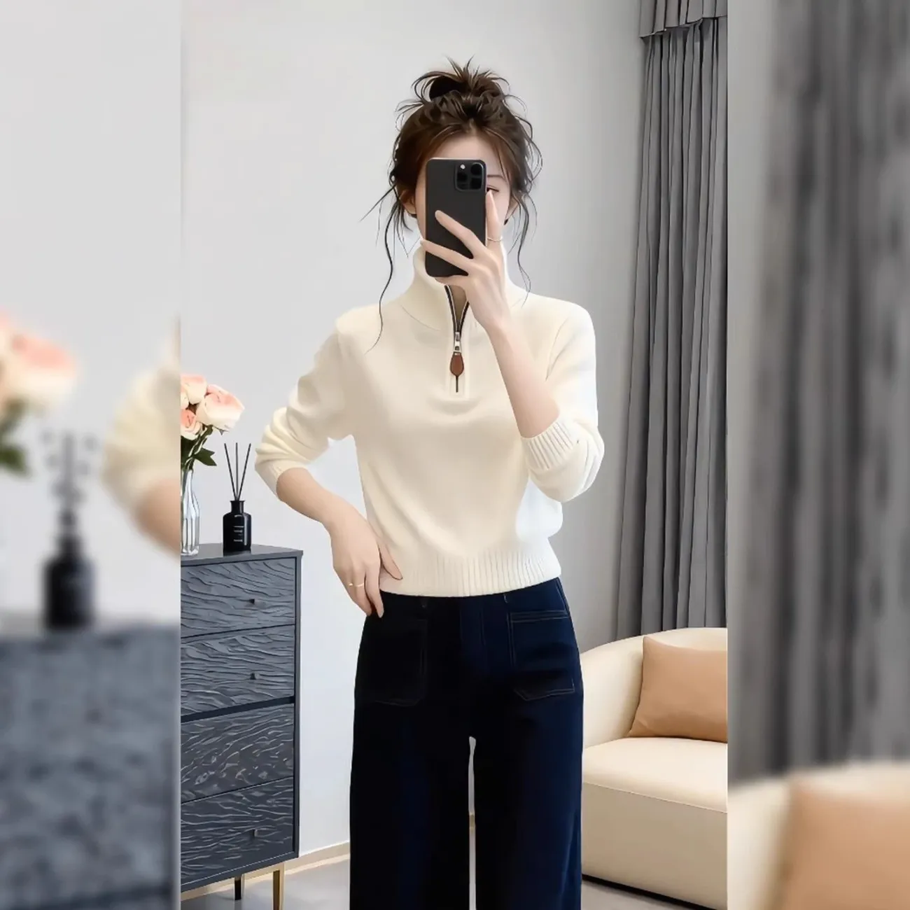 时尚温柔慵懒风半拉链开领针织衫女2025秋冬新款修身显瘦百搭上衣 白色 M 【建议95-105斤】