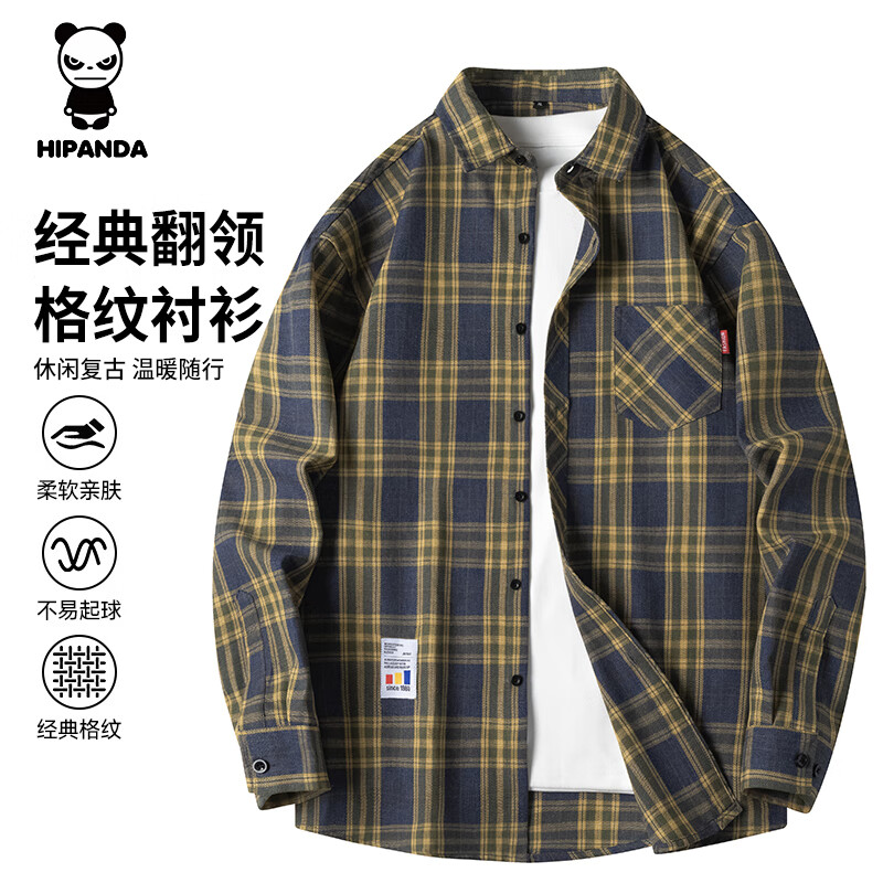 HIPANDA你好熊猫衬衫男2025年秋冬保暖潮牌格子衬衣男简约休闲外套男上衣 蓝黄格-常规款 L