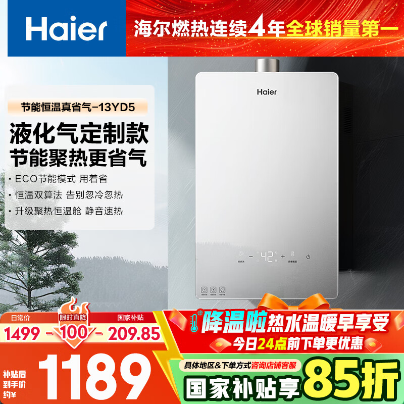 海尔（Haier）【YD5】13升液化气燃气热水器家用 ECO节能低水压启动 速热静音【国家补贴15%】以旧换新 抗风防冻
