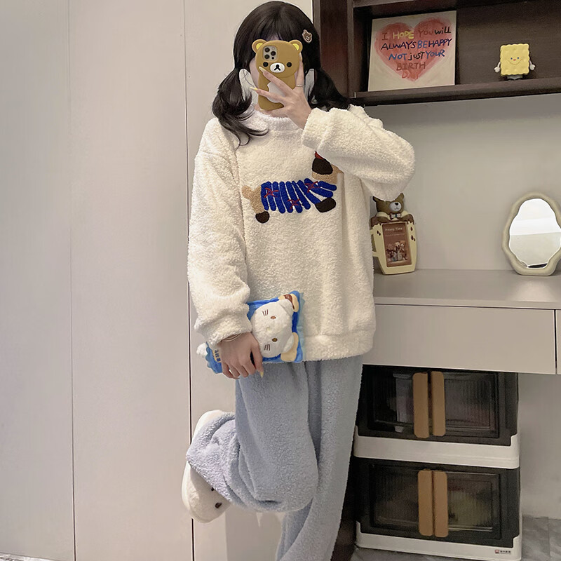 都市丽人睡衣女士秋冬季2025新款加绒加厚家居服可爱半边绒睡衣套装可外穿 线条小狗 2XL （建议140-160斤）