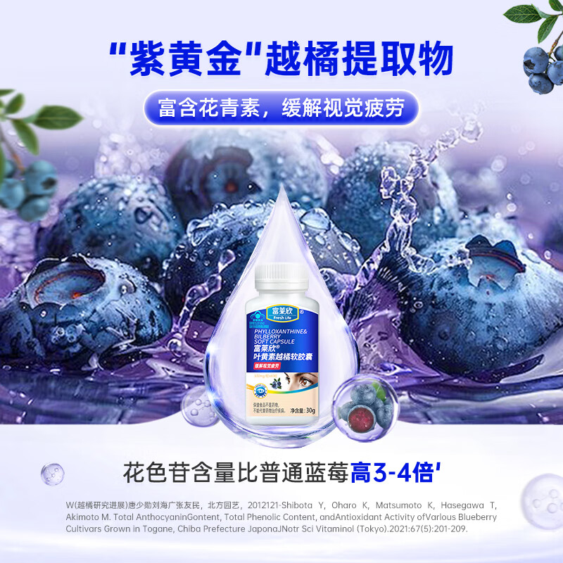 富莱欣叶黄素越橘软胶囊专利护眼儿童学生青少年缓解用眼疲劳成人蓝莓 60粒*1瓶