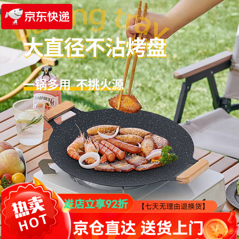 清系烤盤戶外露營韓式烤肉盤鐵板燒烤家用烤肉鍋不粘烤盤電磁爐 32cm防燙雙耳烤盤