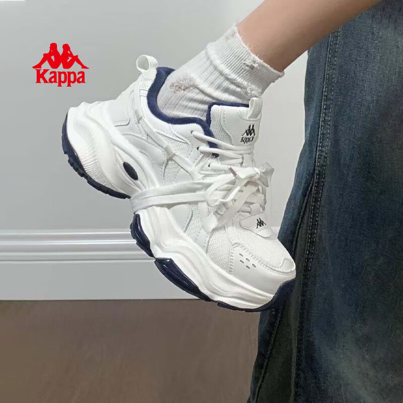 卡帕（Kappa）女鞋加绒百搭老爹鞋女2026年新款厚底增高休闲鞋保暖运动鞋子女 经典白/海昌蓝（加绒款） 38
