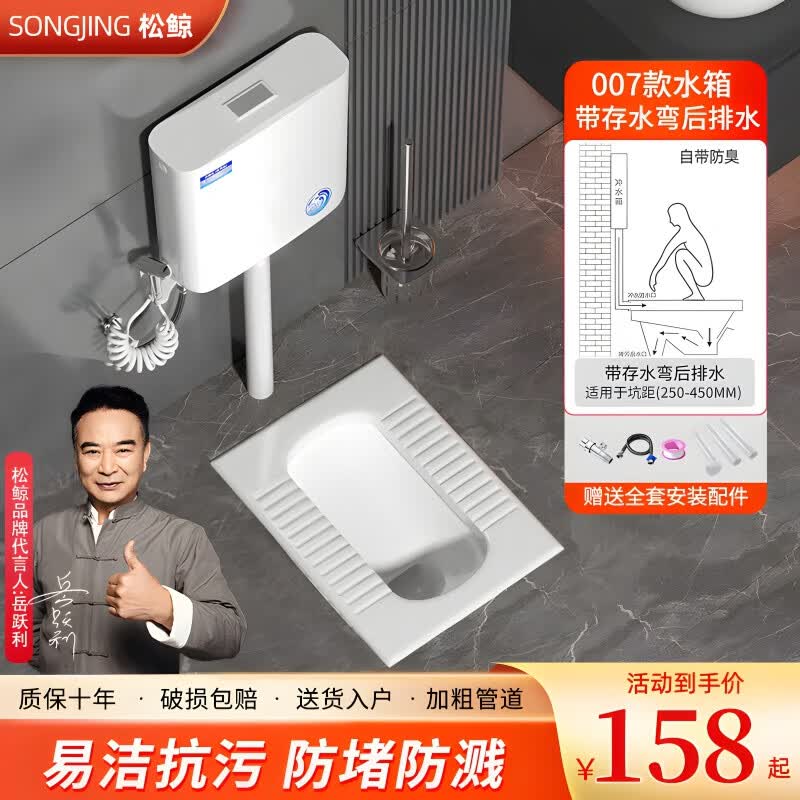 松鲸节水蹲便器防臭大冲力大便器家用蹲坑便池卫浴卫生间蹲便器套装 后排带弯蹲便+经典款水箱+喷枪