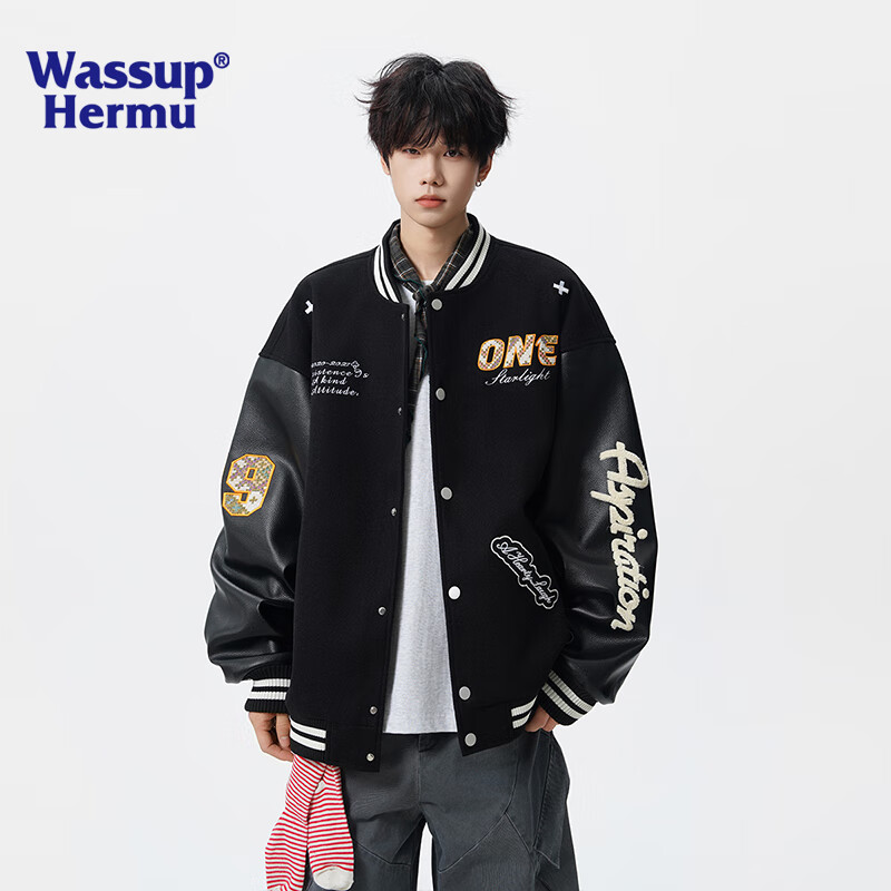 WASSUP HERMU官方外套男春秋季高街痞帅棒球领夹克美式刺绣设计学生穿搭棒球服 黑色 XL （推荐160-180斤）
