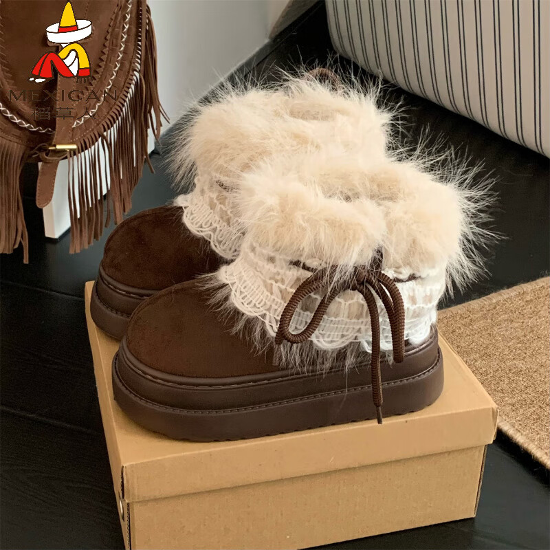 稻草人（MEXICAN）冬季舒适女士ins风毛毛雪地靴增高厚底加绒防滑费尔岛短靴子棉鞋 深棕色【系带毛毛蝴蝶结】 38 -39【标准码】