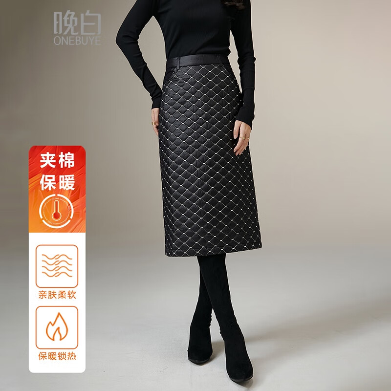 晚白【专享】冬款时尚休闲半裙夹棉加厚保暖菱格高腰半身裙 黑色 S