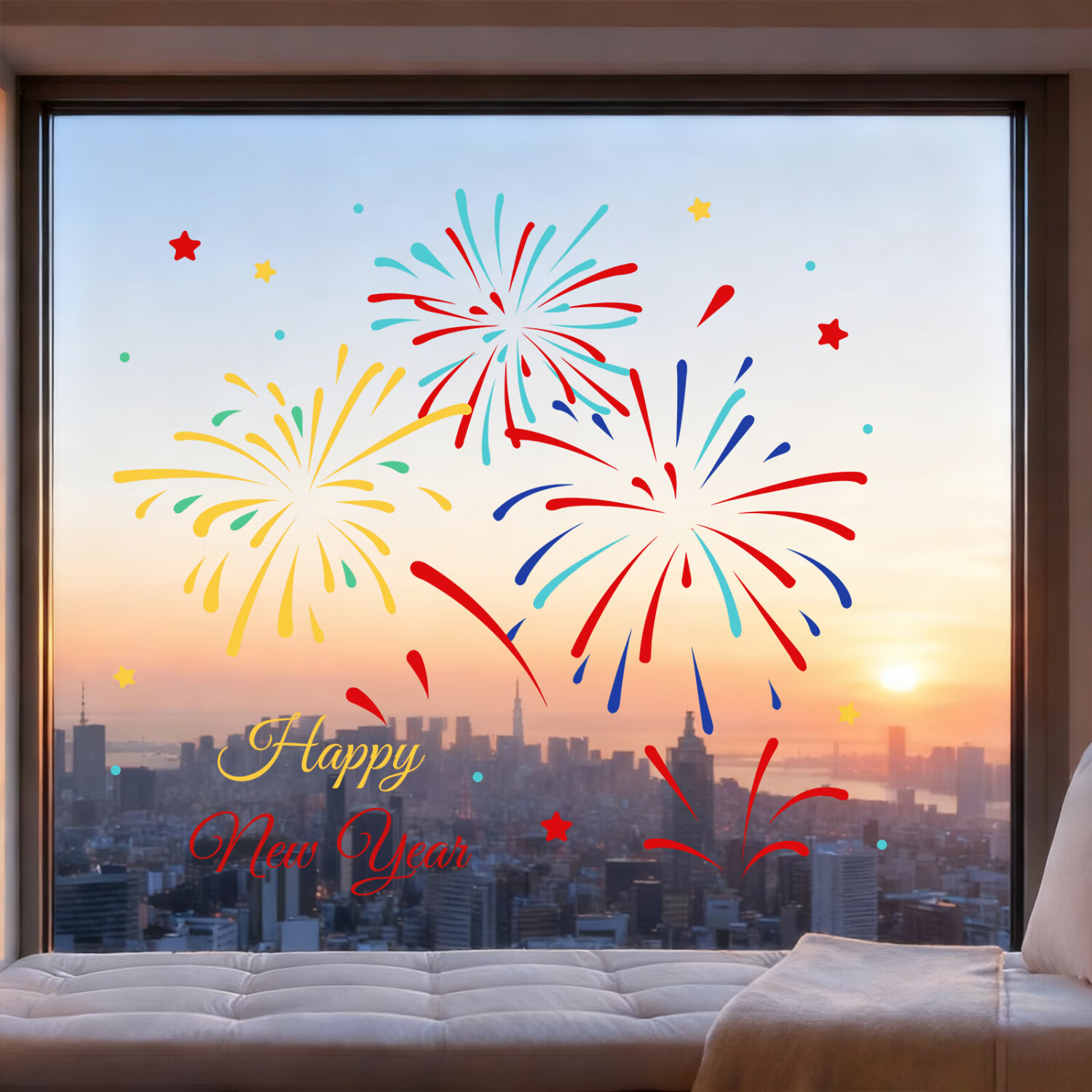 赛瓦凯新年春节装饰窗贴马年春节2026元旦门店窗花过年氛围布置玻璃贴纸 【五彩烟花】 【30cm×30cm】静电免胶