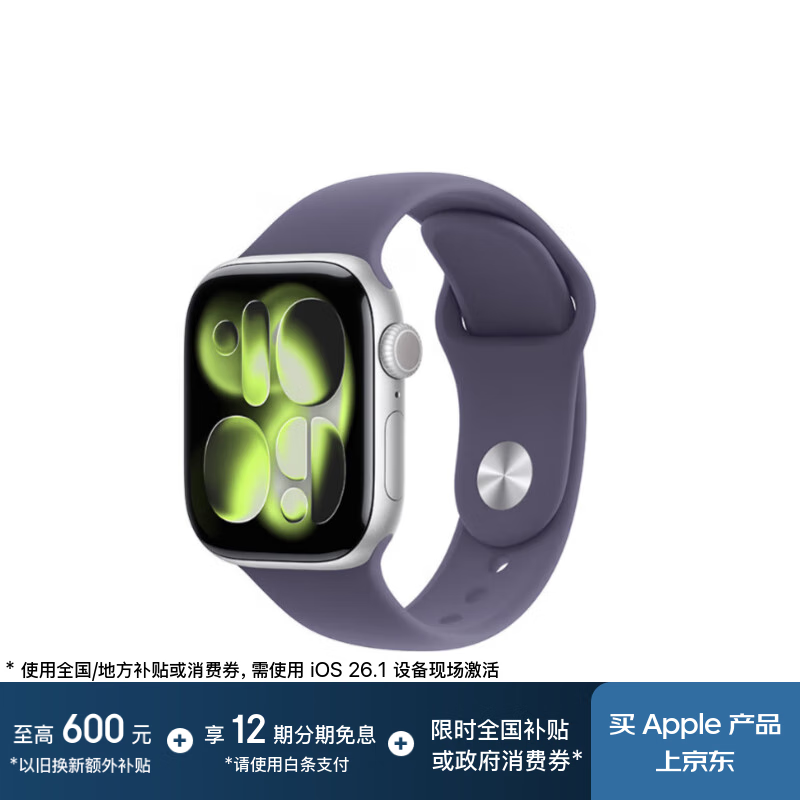 Apple/苹果 Watch S11 智能手表GPS+蜂窝款42毫米银色铝金属表壳雾紫色运动型表带M/L MF9J4CH/B