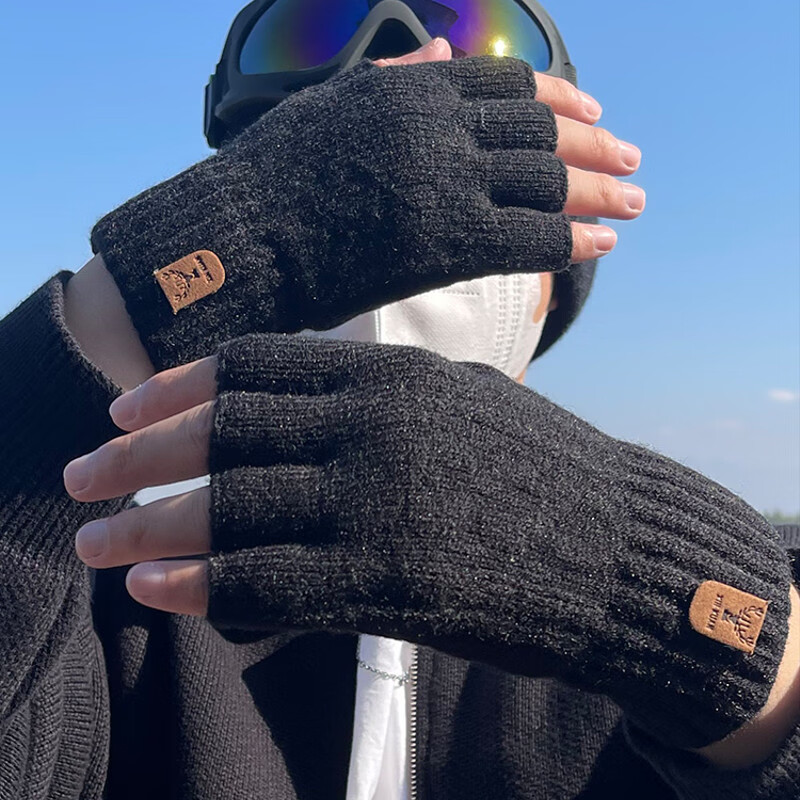 半指手套男露指冬季半截无指骑行开车毛线针织漏指头防寒保暖 黑色-鹿角贴标半指 无规格