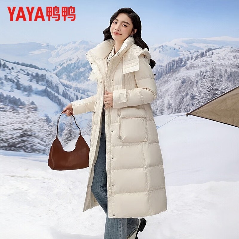 鸭鸭（YAYA）羽绒服女长款过膝纯色设计感韩版时尚连帽冬季新款外套 白色 M