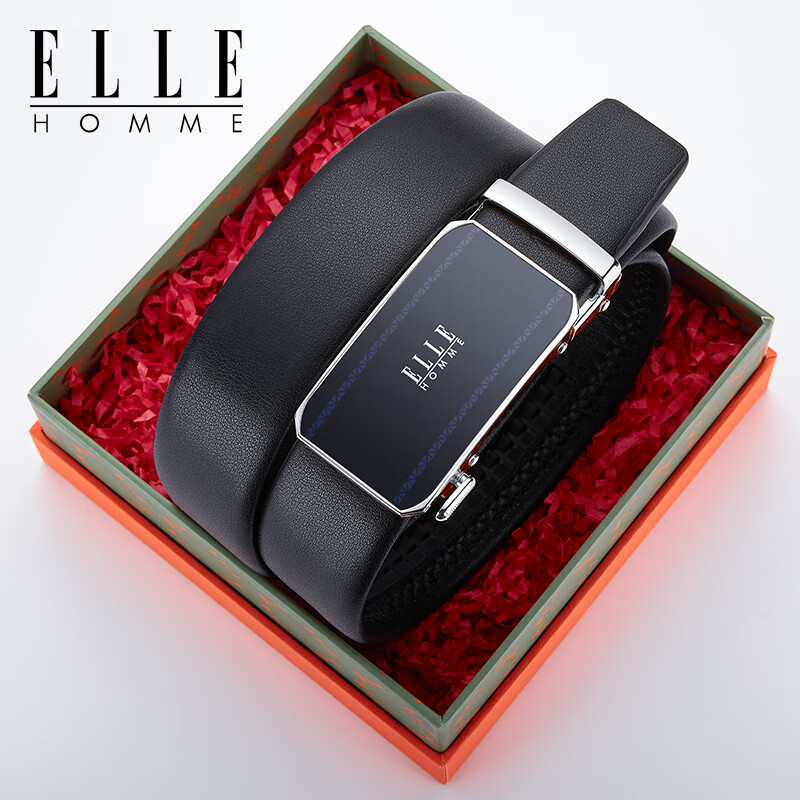 ELLE HOMME男士皮带男腰带真皮自动扣头层牛皮商务裤带高档生日礼物送男友 【专柜礼盒】902080A-儒雅银色 110cm ~130随机(可修剪)