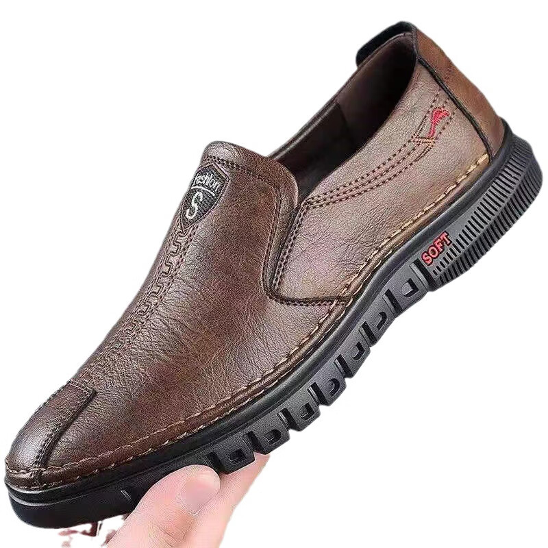 【严选好物】新款男士皮鞋男商务休闲软底套脚中老年爸爸鞋子 S标皮鞋-咖色 (一双) 44