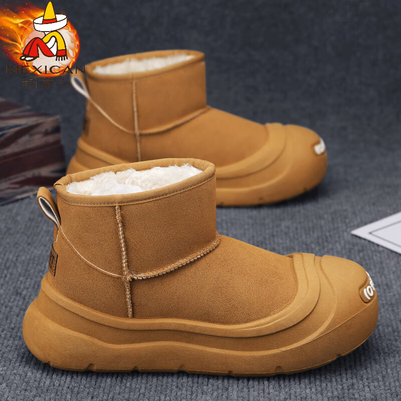 稻草人（MEXICAN）雪地靴男士冬季防寒保暖加绒棉靴青少年休闲防滑高帮大码面包棉鞋 棕色 39