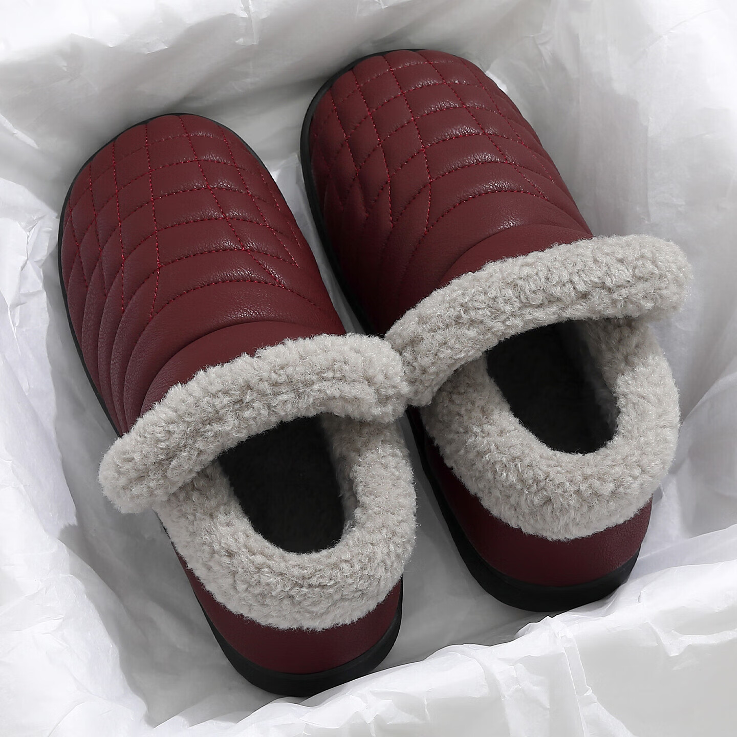 FZT防水棉拖鞋女士冬季2025新款包跟室内家居加绒防滑中老年人棉鞋男 酒红【防水保暖】 36-37 【标准码】