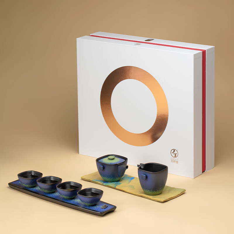 萬(wàn)仟堂（Edenus）高端陶瓷茶具套裝帶茶盤(pán)家用中式商務(wù)送禮功夫茶具四方團(tuán)圓 1壺1海4杯1盤(pán)1桌旗 8件