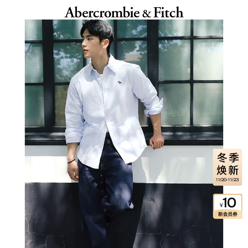 Abercrombie &amp; Fitch【李现同款】小麋鹿图案男装25秋冬新款牛津长袖衬衫125-5224 蓝色条纹 M (180/100A)