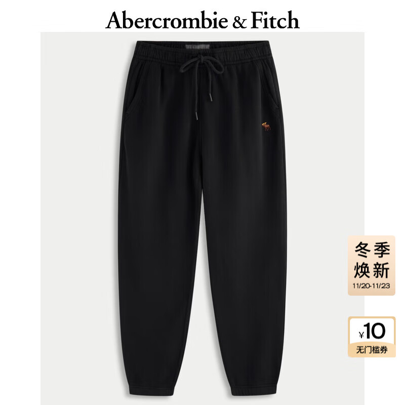 Abercrombie &amp; Fitch小麋鹿图案男装25秋冬新款经典保暖抓绒束脚卫裤长裤134-5043 黑色 M (180/80A)