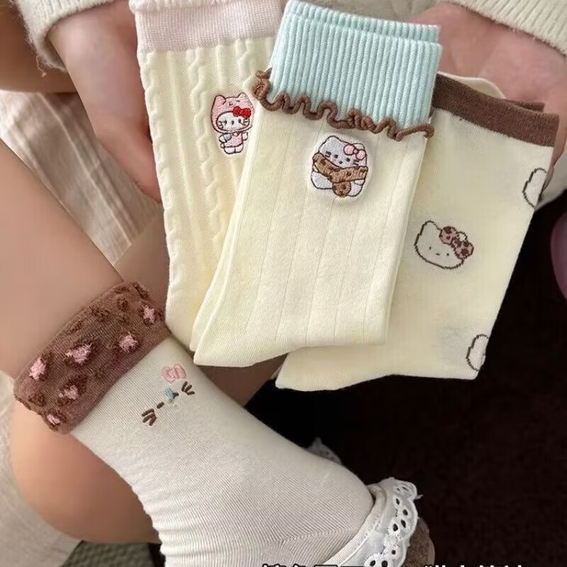 清洁JTT 纯色中筒袜四双装 蝴蝶结kt猫软糯袜子