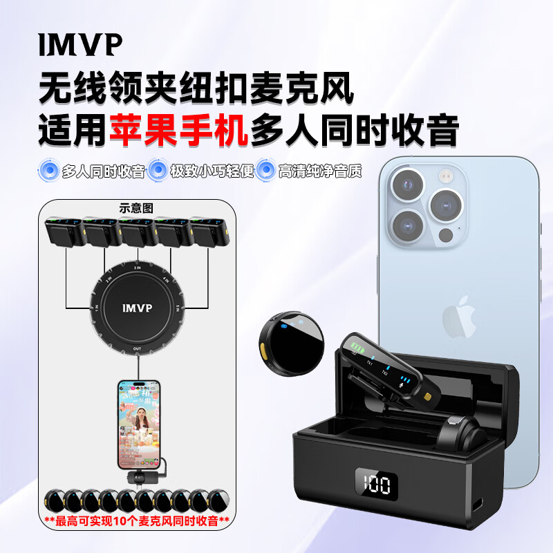 IMVP【一拖六】无线领夹麦克风收音麦手机小蜜蜂直播录音降噪抖音短视频拍摄唱歌K歌户外便携话筒设备 一拖二【相机苹果安卓手机通用】