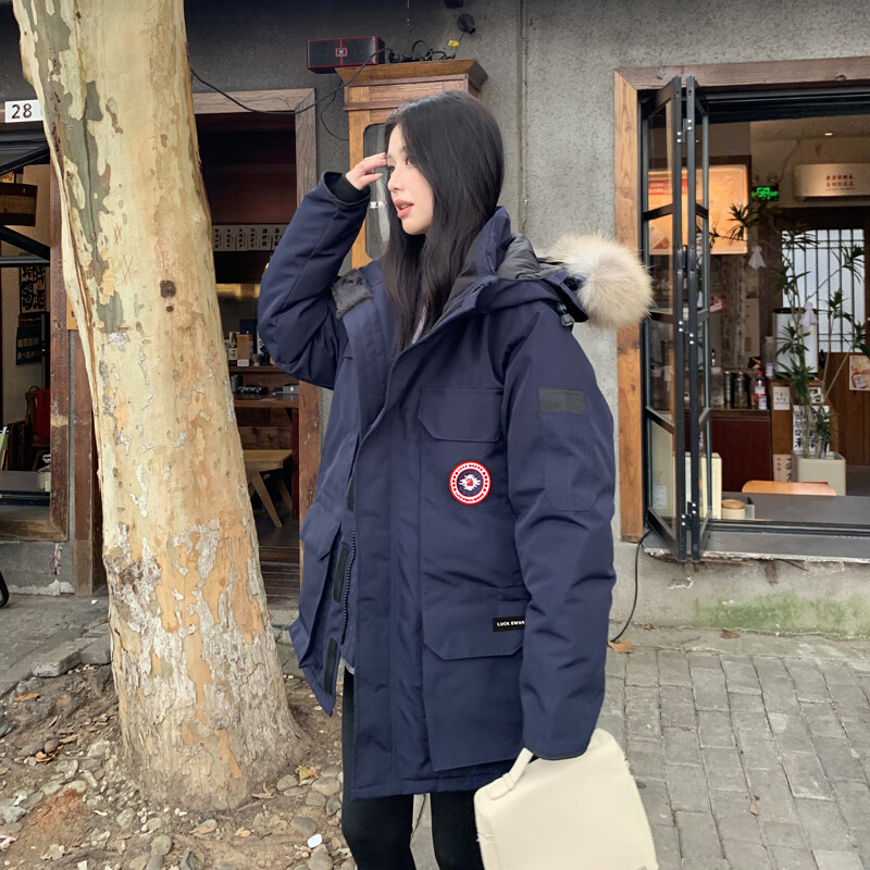 LUCK SWAN GODSE羽绒服女中长款工装派克服男情侣冲锋衣冬季极寒大衣加厚保暖外套 藏青色-高绒加厚款-加拿大08远征大鹅风格 -男女同款 XL 【建议体重：120-140斤】