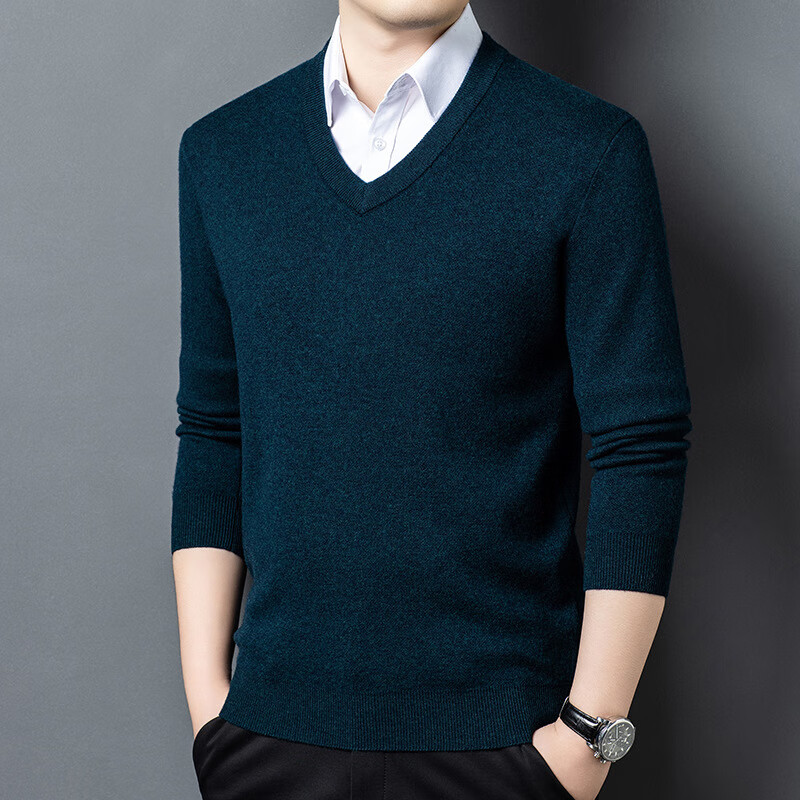 HARTMARX雅戈尔500g重磅加厚男士羊毛衫100纯羊毛秋冬新款纯色V领毛衣打 特黑-100纯羊毛 4XL