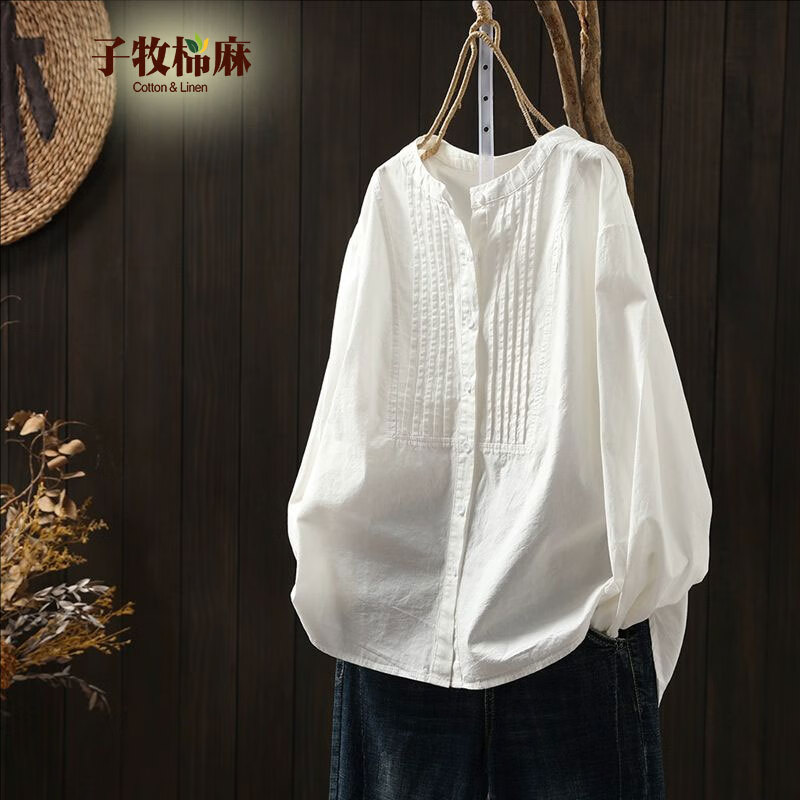 子牧棉麻2026春装 女风琴褶皱衬衫宽松长袖简约休闲百搭立领气质衬衣8856 白色 M (建议95-115斤)