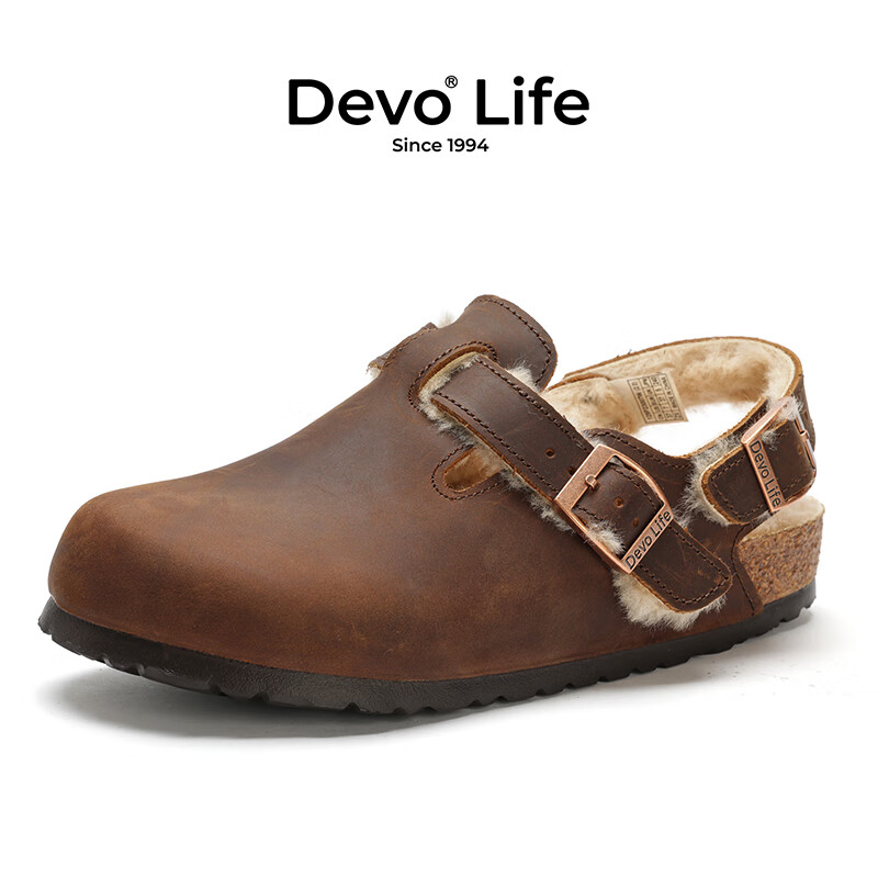 Devo的沃软木拖鞋包头半包加绒加毛外穿冬季保暖勃肯拖鞋女鞋23007 深棕油蜡皮+沃黄毛 37 （建议正码正拍）