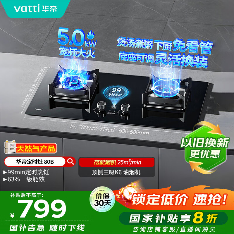 华帝（VATTI）国家政府补贴定时燃气灶天然气嵌入式5.0kW大火力猛火煤气灶双灶台灶具i10080B【天然气产品】