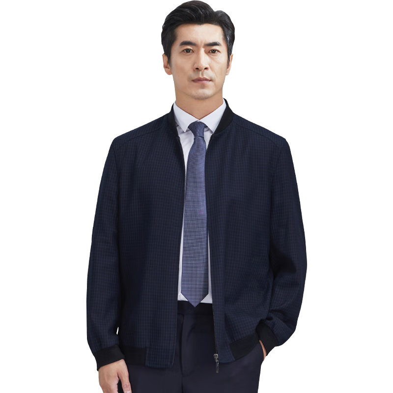 紅都春秋新款中年男士夾克棒球領(lǐng)商務(wù)休閑時尚羅紋收口夾克男外套 藍格JK5369-1 XL 180/96A