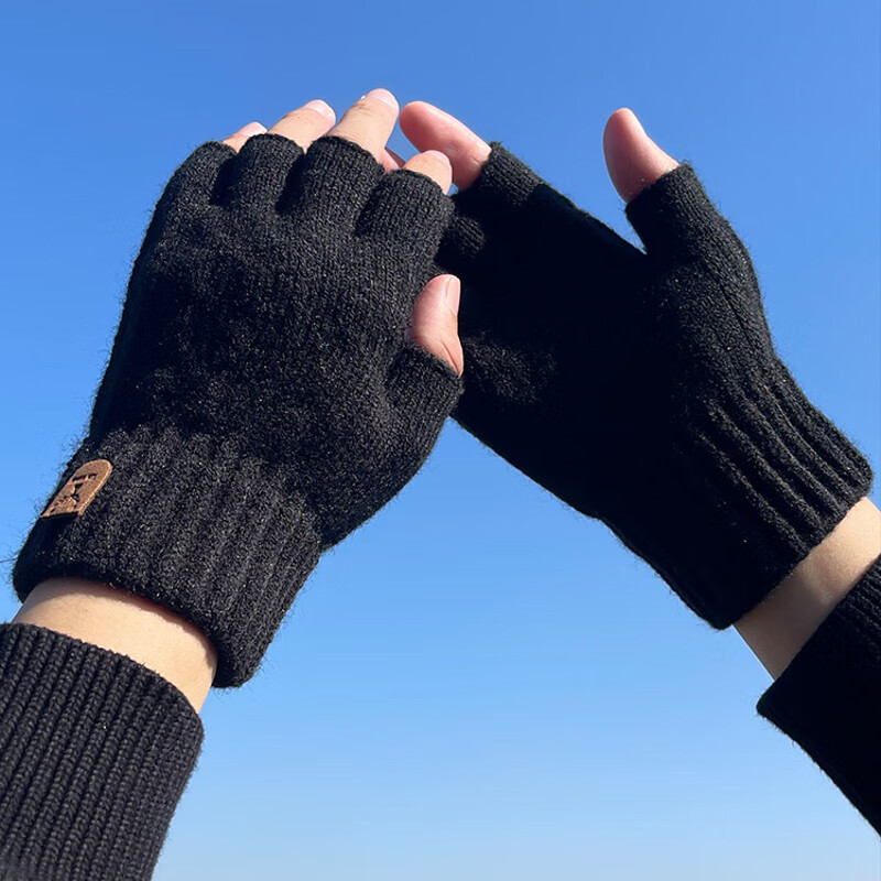 半指手套男露指冬季半截无指骑行开车毛线针织漏指头防寒保暖 黑色-鹿角贴标半指 无规格