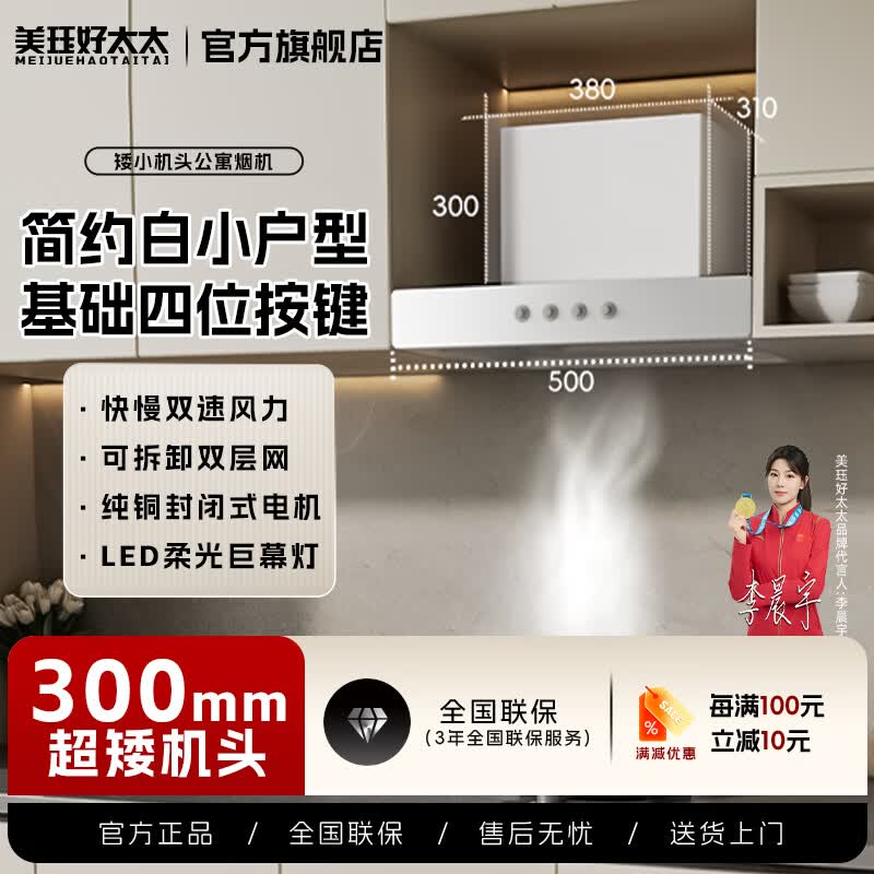 美珏好太太【国家补贴15%】公寓500mm油烟机小尺寸600mm油烟机700mm小尺寸油烟机白色油烟机小型家用厨房 【雾凇白500宽】短脖机头-基础按键款 上门安装