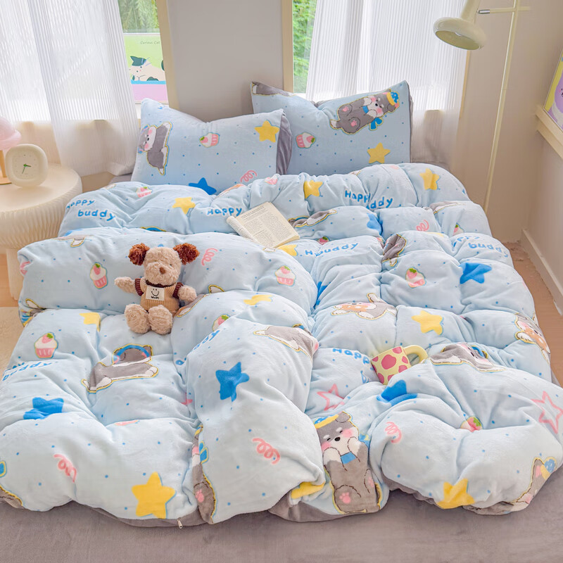 伊路卡新款牛奶绒四件套秋冬季保暖珊瑚绒床上用品儿童被套床单 布丁狗 1.2米床 三件套 床单款 （被套150*200cm）