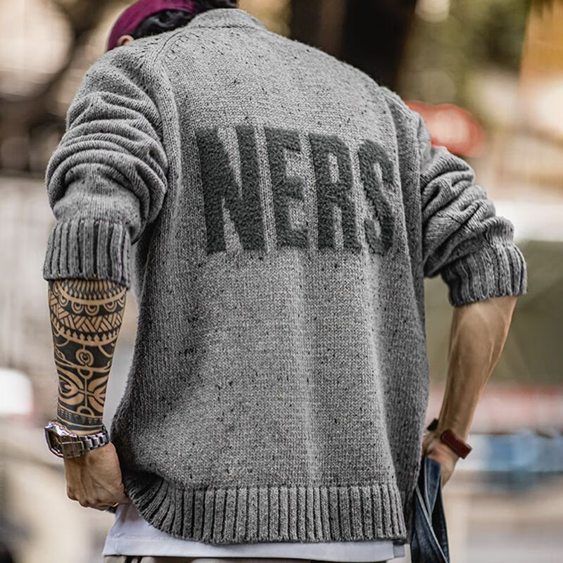 马登工装美式复古水手提花毛衣男秋冬V领加厚毛织外套男士套头针织衫 灰色 [彩点灰/宽松版型] L
