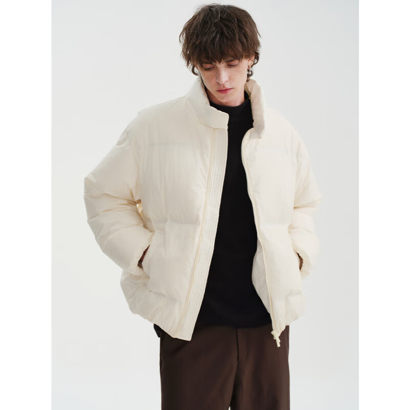 MIDASHAND 2025新款高街羽绒服男纯色90白鸭绒宽松休闲百搭加厚立领外套 杏色 M (身高164-174cm)