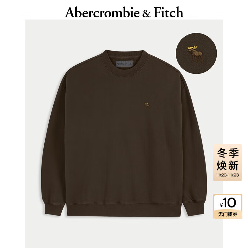 Abercrombie &amp; Fitch经典小麋鹿图案男装25秋冬新款宽松圆领抓绒套头卫衣122-5659 深棕色 L (180/108A)