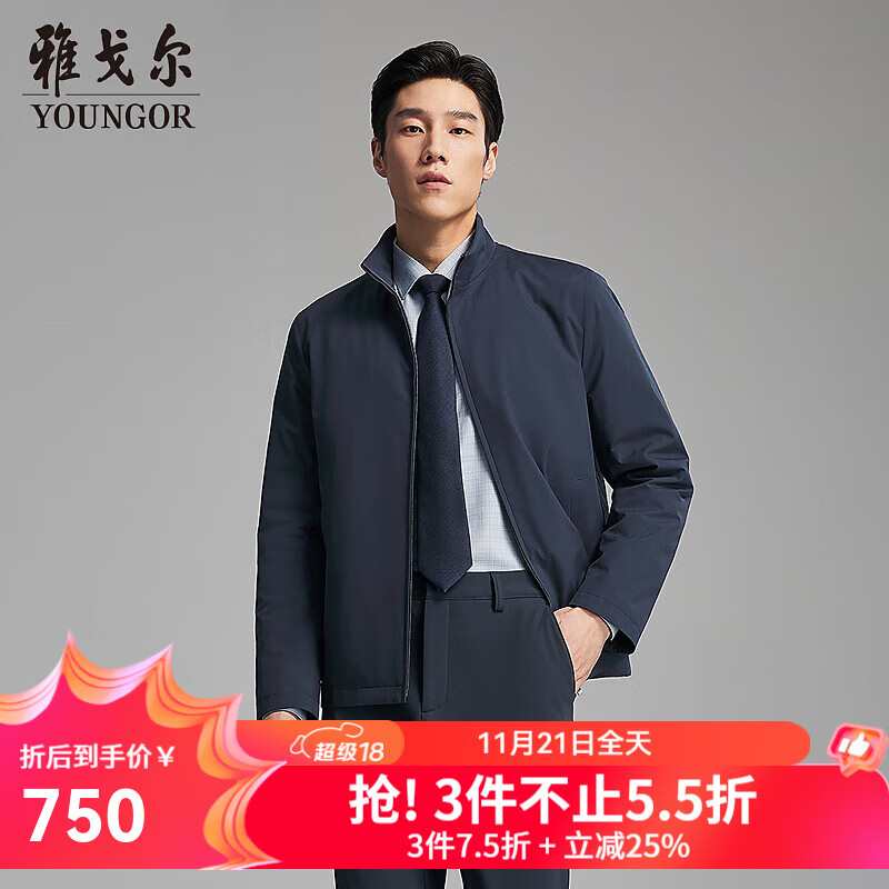 雅戈尔（YOUNGOR）羽绒服男士立领商务款品质面料鹅绒充绒羽绒服温暖舒适2025新品 灰蓝VSYW419869HLA 2XL 185/104A （推荐170-180斤）
