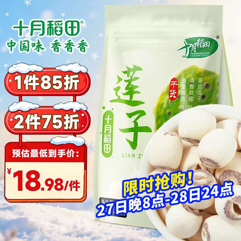 十月稻田 莲子 250g 半斤 湘潭产去芯磨皮白莲子 桂圆百合银耳羹煲汤食材