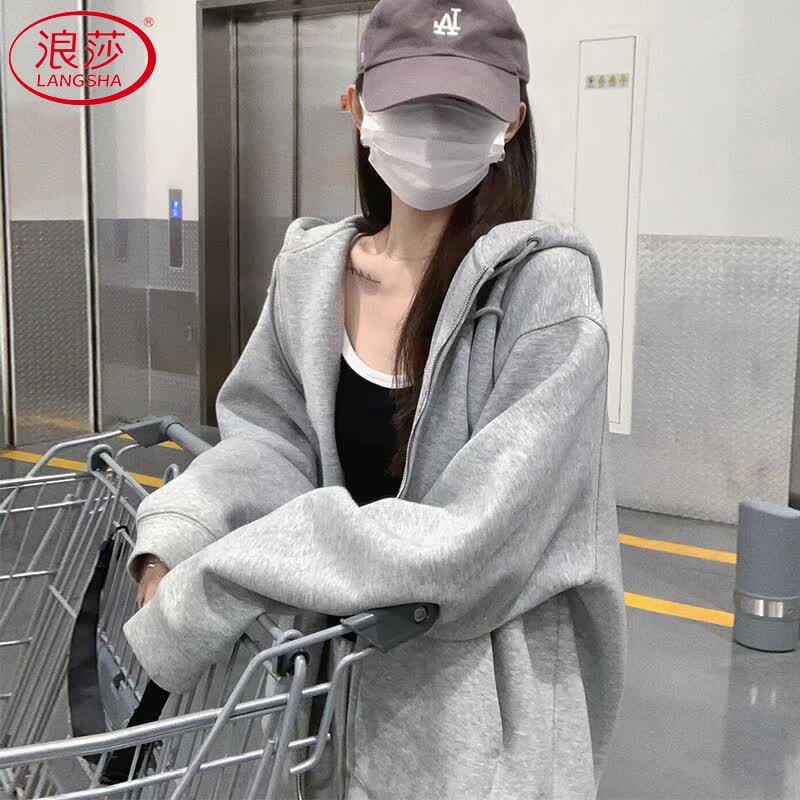 浪莎卫衣外套女加绒加厚冬季2025新款宽松慵懒美式大帽子开衫上衣潮