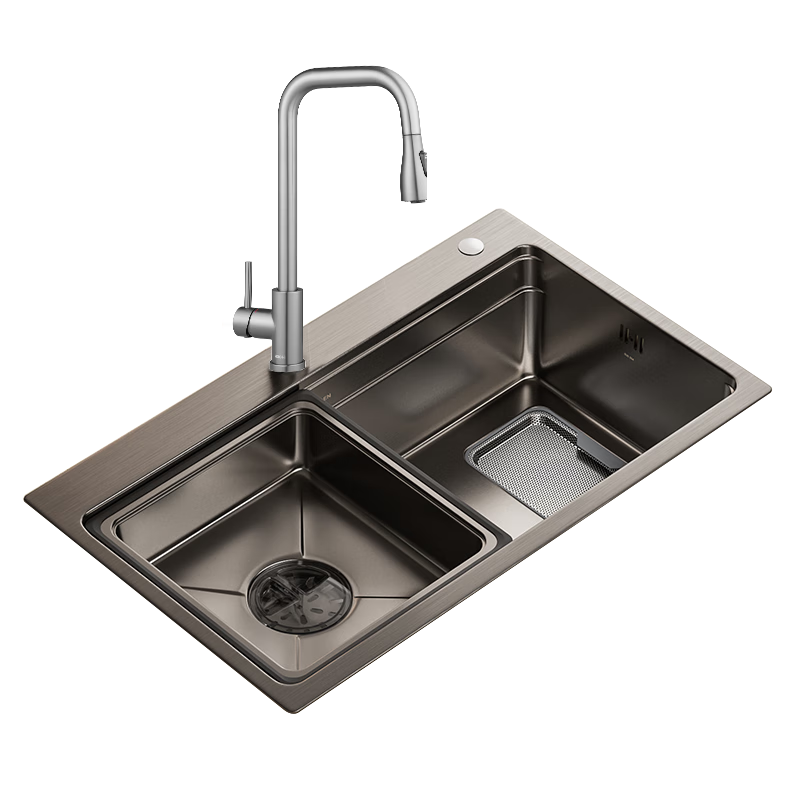 摩恩（MOEN）厨房水槽大单槽火烧石压纹纳米黑304不锈钢手制槽SKW00401AB套装