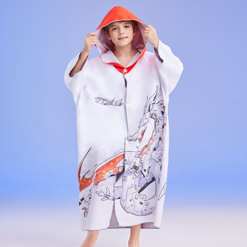 洲克（ZOKE）游泳浴袍儿童斗篷吸水保暖春秋毛巾外套青少年训练泳衣浴巾 白色机甲神龙 624505207 不含帽尺寸：64x96cm(建议身高130-160