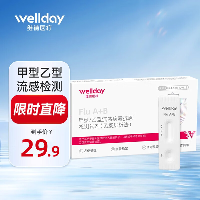 维德（WELLDAY）甲型乙型流感病毒抗原检测试剂盒鼻塞咽痛感冒发热老人儿童可测 【流感抗原检测】甲型/乙型1盒