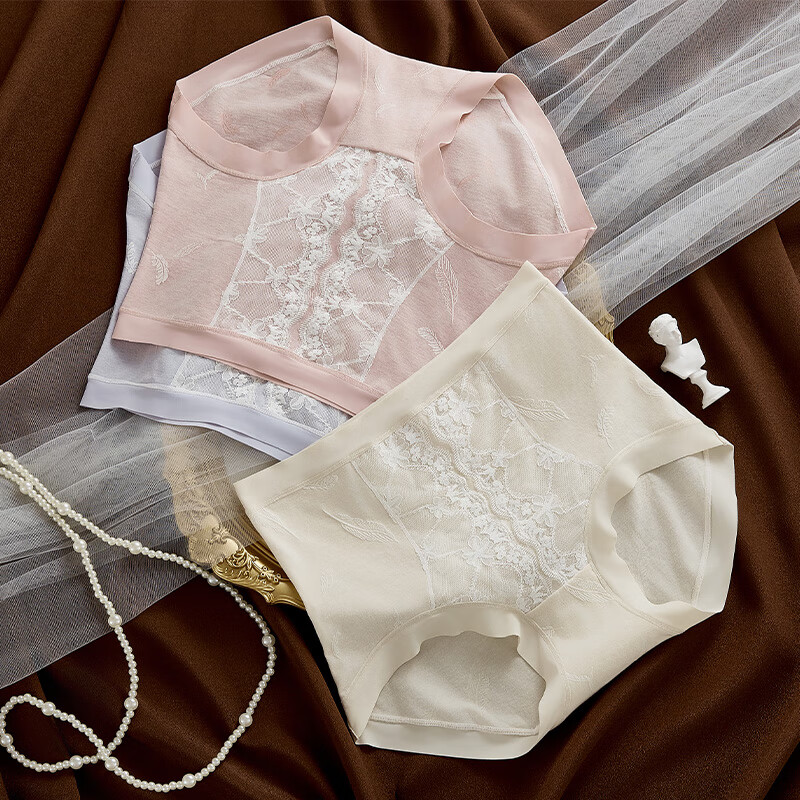 古今（GUJIN）内裤女士纯棉底裆亲肤透气纯欲蕾丝裤衩女无痕裸感高腰收腹不夹臀 豆沙色+湖水蓝+浅杏色 3条 XL 推荐体重120-145斤