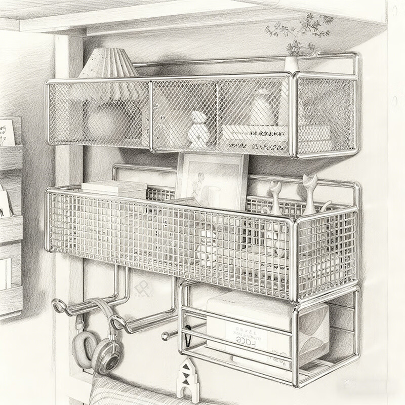 尔思家宿舍墙上置物架寝室收纳好物宿舍铁艺免打孔挂篮床头杂物收纳神器 密网款奶油白