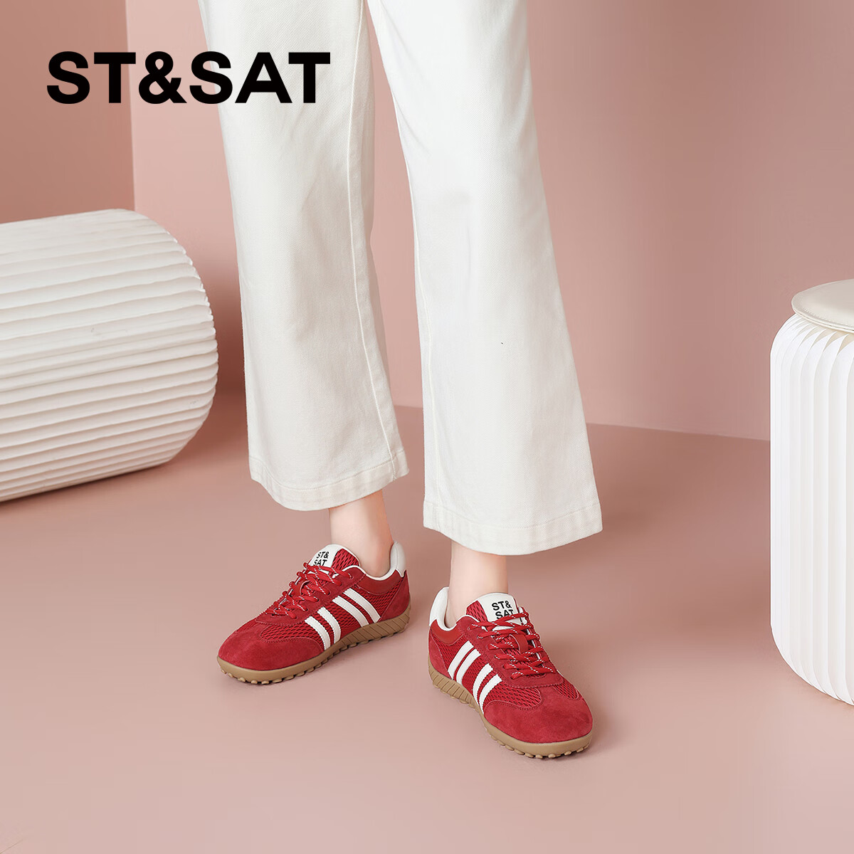 星期六(St&Sat)拼色爆款2025秋季新款德训鞋轻奢复古百搭舒适增高休闲鞋板鞋子女 红色 35